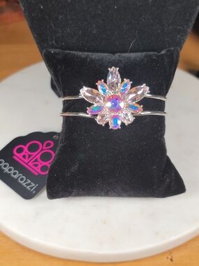 Paparazzi Iridescent Crystal Flower Silver Cuff Bracelet - Pink/Multicolor